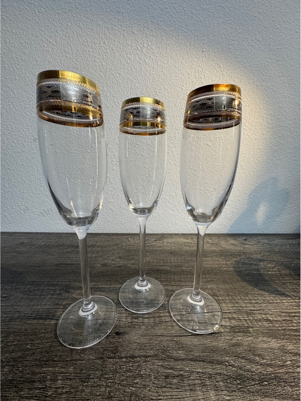 Vintage Gold & Platinum Rim Crystal Champagne Flutes Set of 3